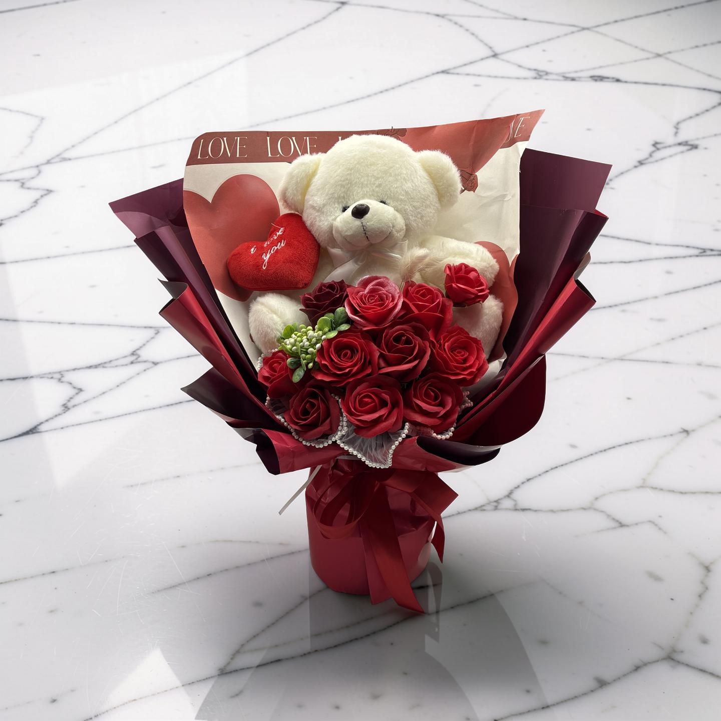 Red Bouquet &amp; Bear ( artificial flowers )