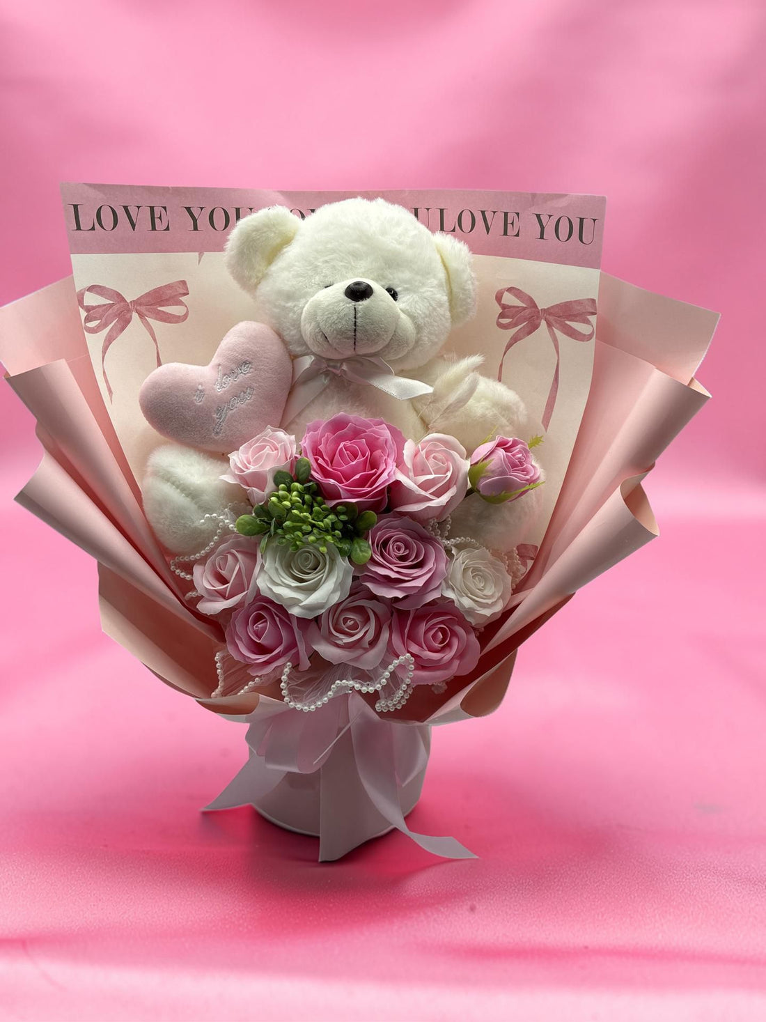 Pink Bouquet &amp; Bear ( artificial flowers )