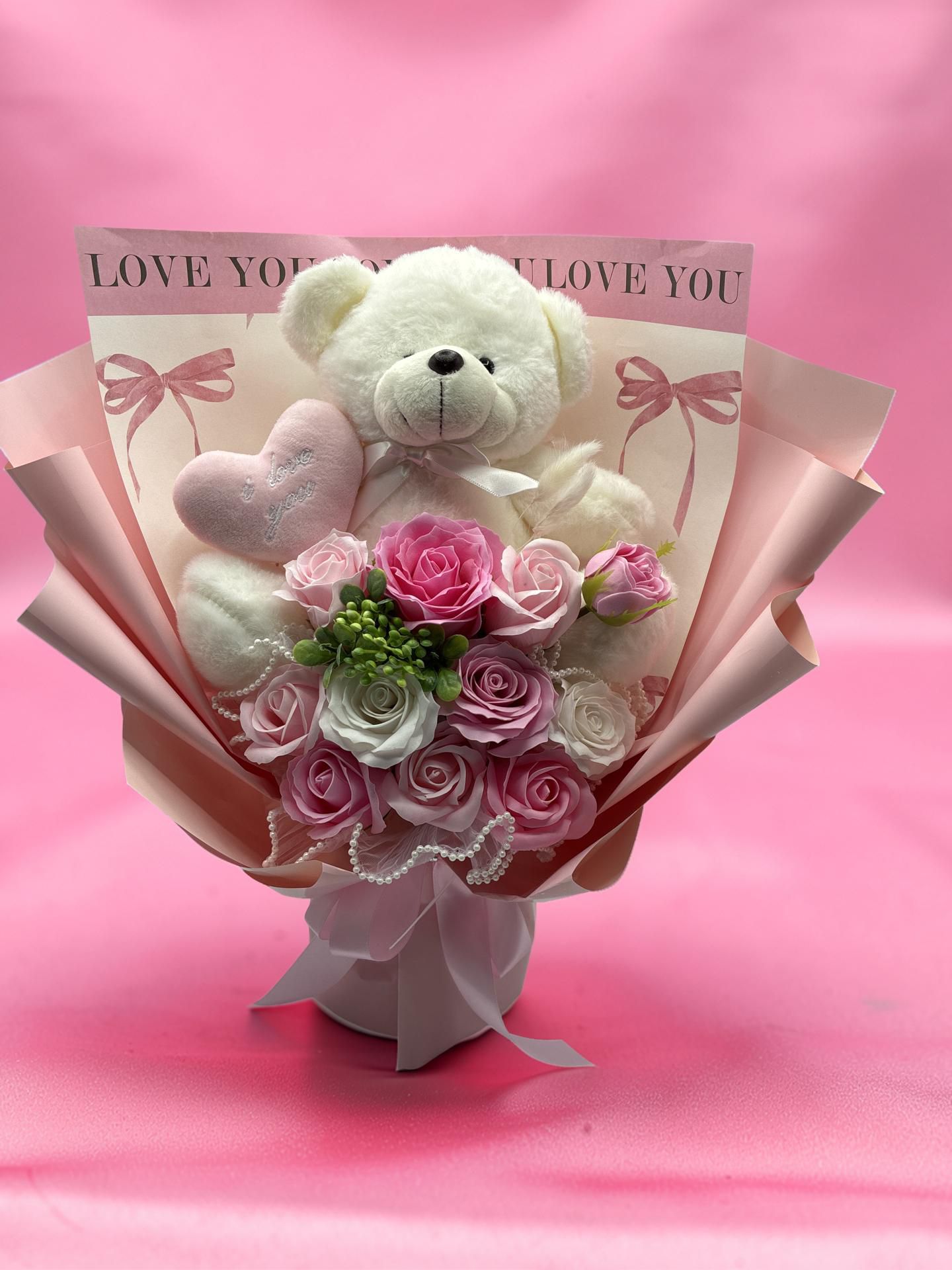 Pink Bouquet &amp; Bear ( artificial flowers )