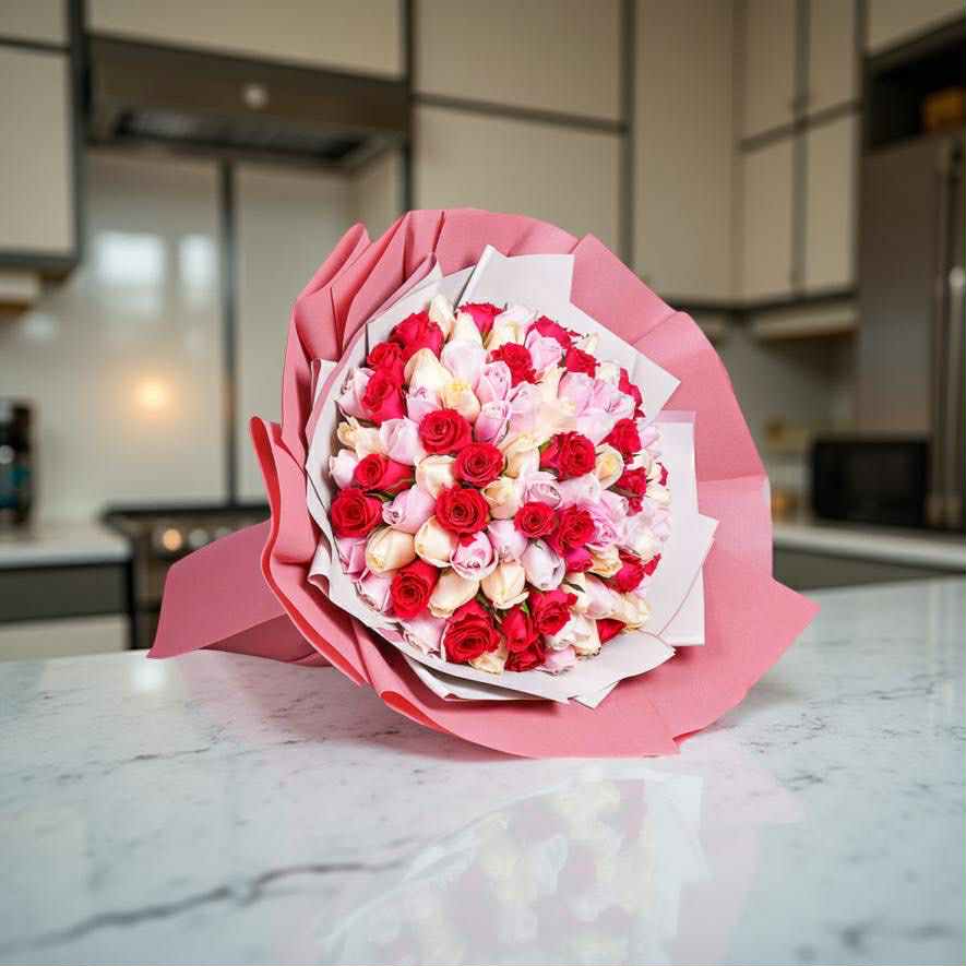 Code : F-F212 Bouquet 100 roses ( Red&amp;Pink&amp;White )